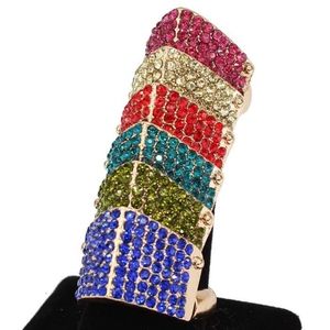 Gold Colorful Rhinestone Shield Armor Ring Jewelry Statement Fashion Accessories